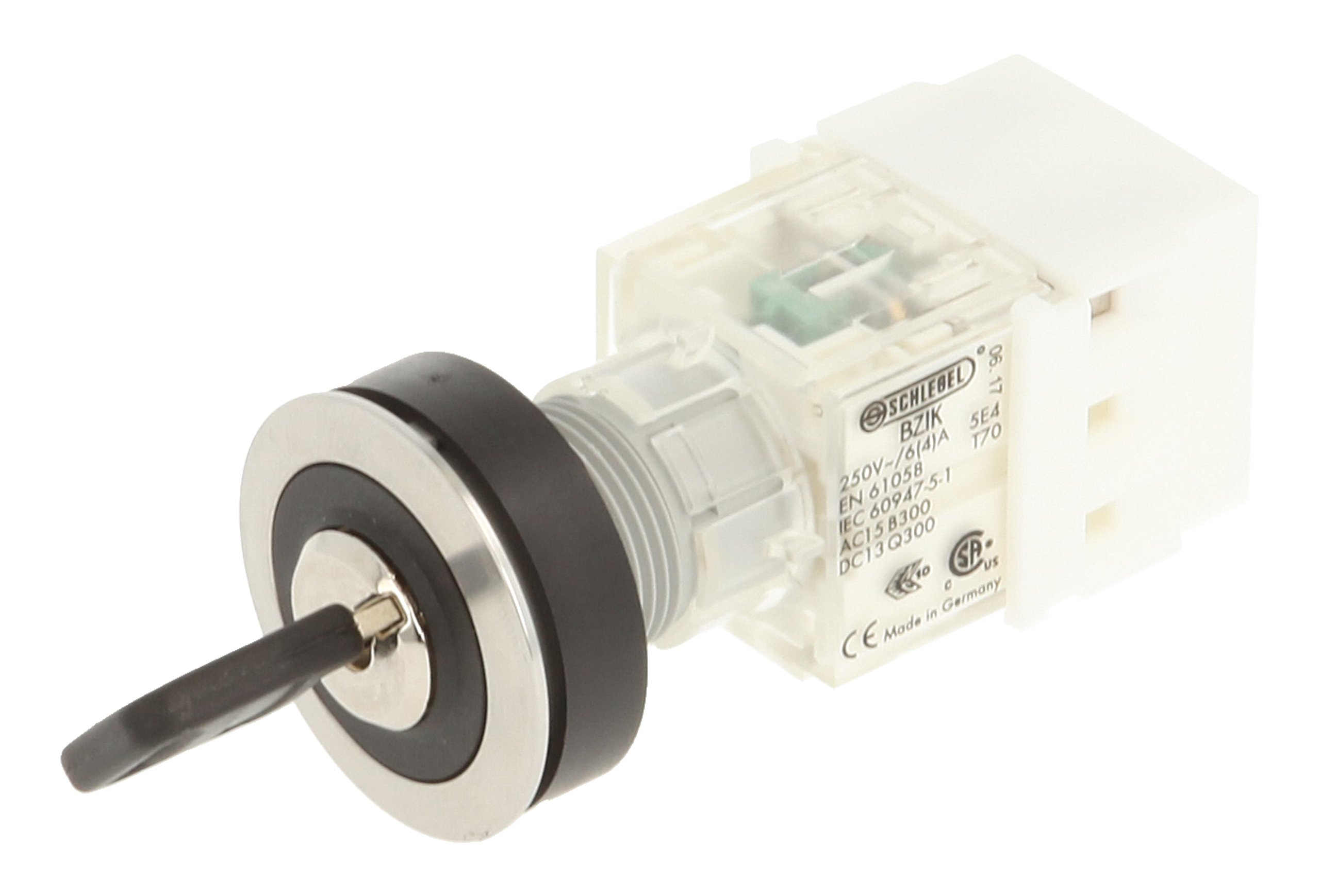 Schlegel 23.001.500 Key Switch, Stainless Steel, Locking, 2 Positions 11-13 o'clock, Push Contact Sensor, 1 N/O Contact, Screw Connection