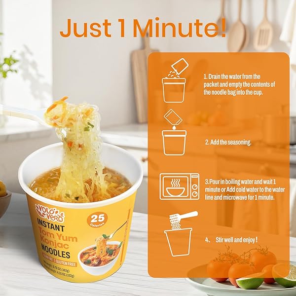 VOLO VERO KONJAC NOODLE INSTANT SOUP CUP TOM YUM FLAVOR, 6 PACKS, GLUTEN FREE, VEGAN, LOW CARB, LOW CALORIE, LOW SUGAR, KETO SHIRATAKI NOODLES ANGEL HAIR PASTA, HEALTHY DIET FOOD, HOLIDAY GIFTS