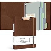 Ospelelf 3 Ring Binder with Clipboard, 1 Inch Leather, Brown, Letter Size (8.5" x 11"), 5 Tab Dividers