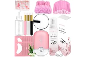 LUMIYA 250ml/8.45fl.oz Eyelash Extension Cleanser Lash Shampoo Mini USB Portable Lash Fan Eyelid Shampoo Brush Eye Gel Pads Wash Bottle Mascara Brush Microbrush Makeup Remover Pad,Gentle Oil Free (Rose)