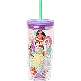 Silver Buffalo Disney Princess Spill Resistant Plastic Tumbler Featuring Moana, Rapunzel, Tiana, Belle, Cinderella, and Ariel, 20 Ounces
