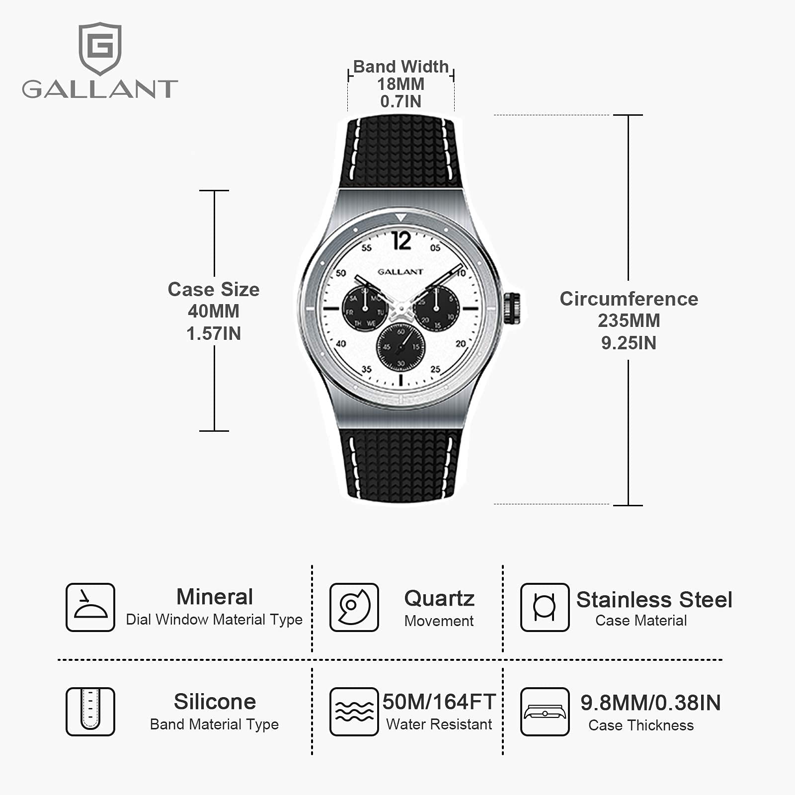 G GALLANT Mens Stainless Quartz Watch with Silicone Strap Unisex Wristwatch 40mm Casual Watch for Men Waterproof Calendar Black Stylish Couple Gift