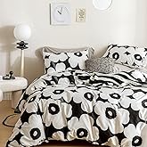 YuHeGuoJi Floral Duvet Cover Queen 100% Cotton Black and White Flower Duvet Cover 3 Pcs Set 1 Cartoon Plant Blossom Patterned Duvet Cover with Zipper Ties 2 Pillowcases Cute Botanical Bedding Set