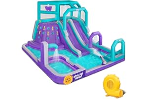 Sunny & Fun Mega Climb N’ Go Inflatable Water Slide Park – Heavy-Duty for Outdoor Fun - Climbing Wall, 2 Slides, Splash & Deep Pool – Easy to Set Up & Inflate with Included Air Pump & Carrying Case