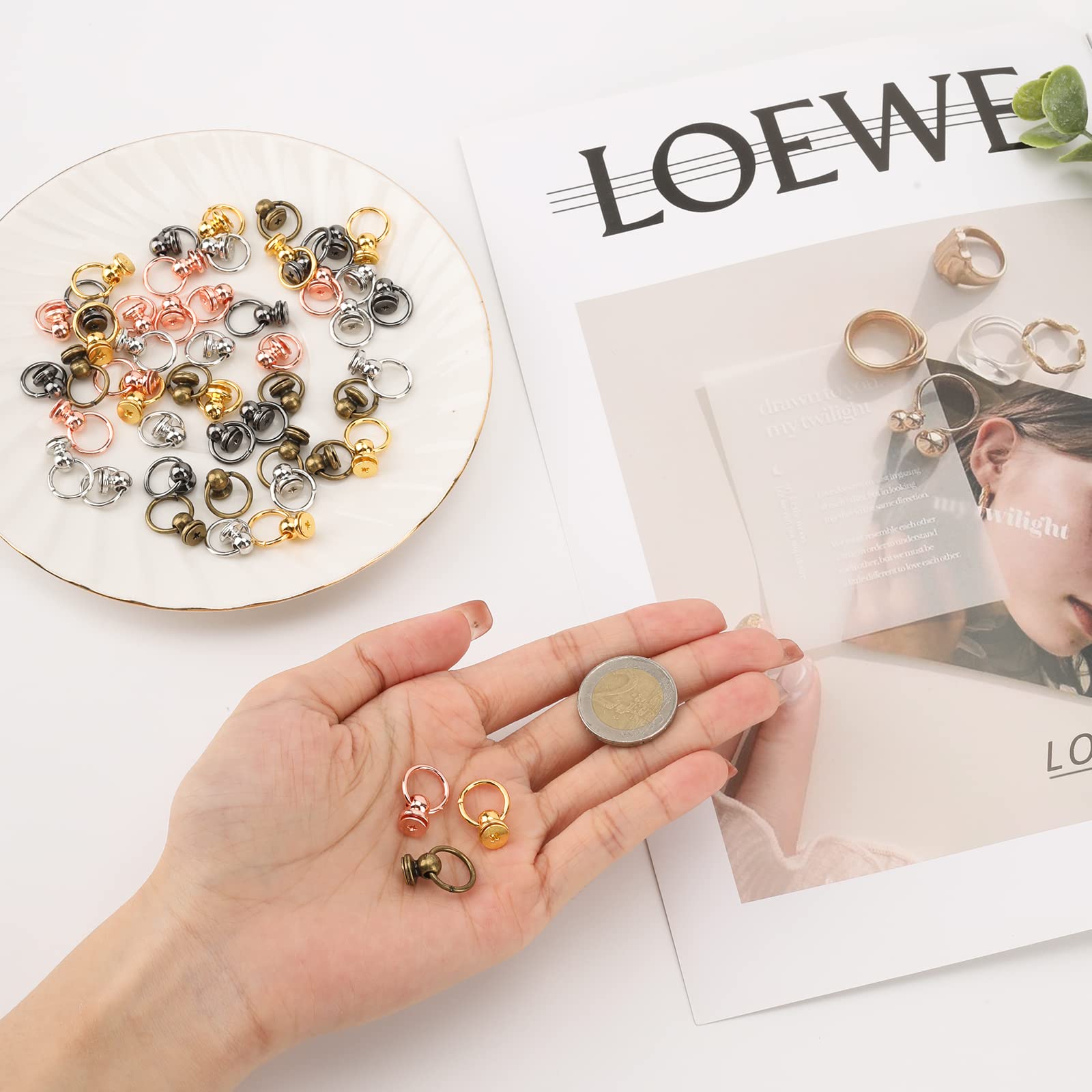 50pcs Screwback Round Head Rivet with Pull Ring Studs with Screwdriver for DIY Leather Craft Belts Purse Handbags Phone Cas (Multicolour)