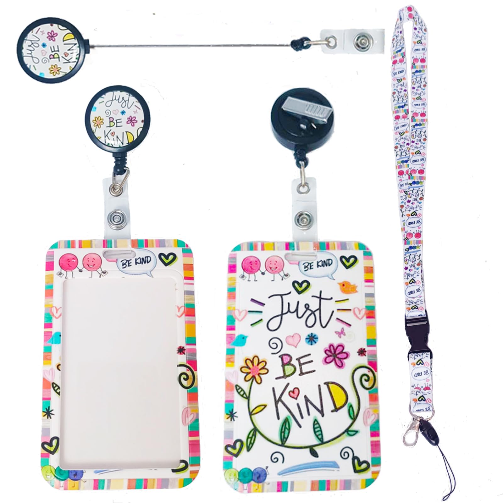 YiYFiT Sliding Badge Holder with Lanyard, Be Kind ID Holder with Retractable Badge Reel Carabiner Clip Detachable Lanyard Card Protector for Business Office Exhibition School