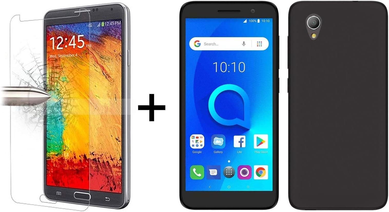 TBOC Pack: Black TPU Silicone Gel Case + Tempered Glass Screen Protector for Alcatel 1 - Alcatel 1 (2019) (5") - Soft Jelly Rubber Skin Cover. Premium Clear Crystal.