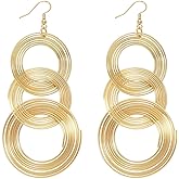 KaFu Handmade statement 3 circles earrings 16K Gold Plated Long 70s Disco Drop Dangle Earrings Hook Earrings for Women Gold Plated Long Lightweight