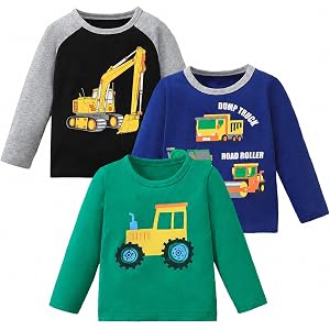 Jecson Toddler Boy Long Sleeve Shirt Cotton Graphic 3 Pack Tops for 18M-5T | Soft stretch cotton 3 pack boys long sleeve shir