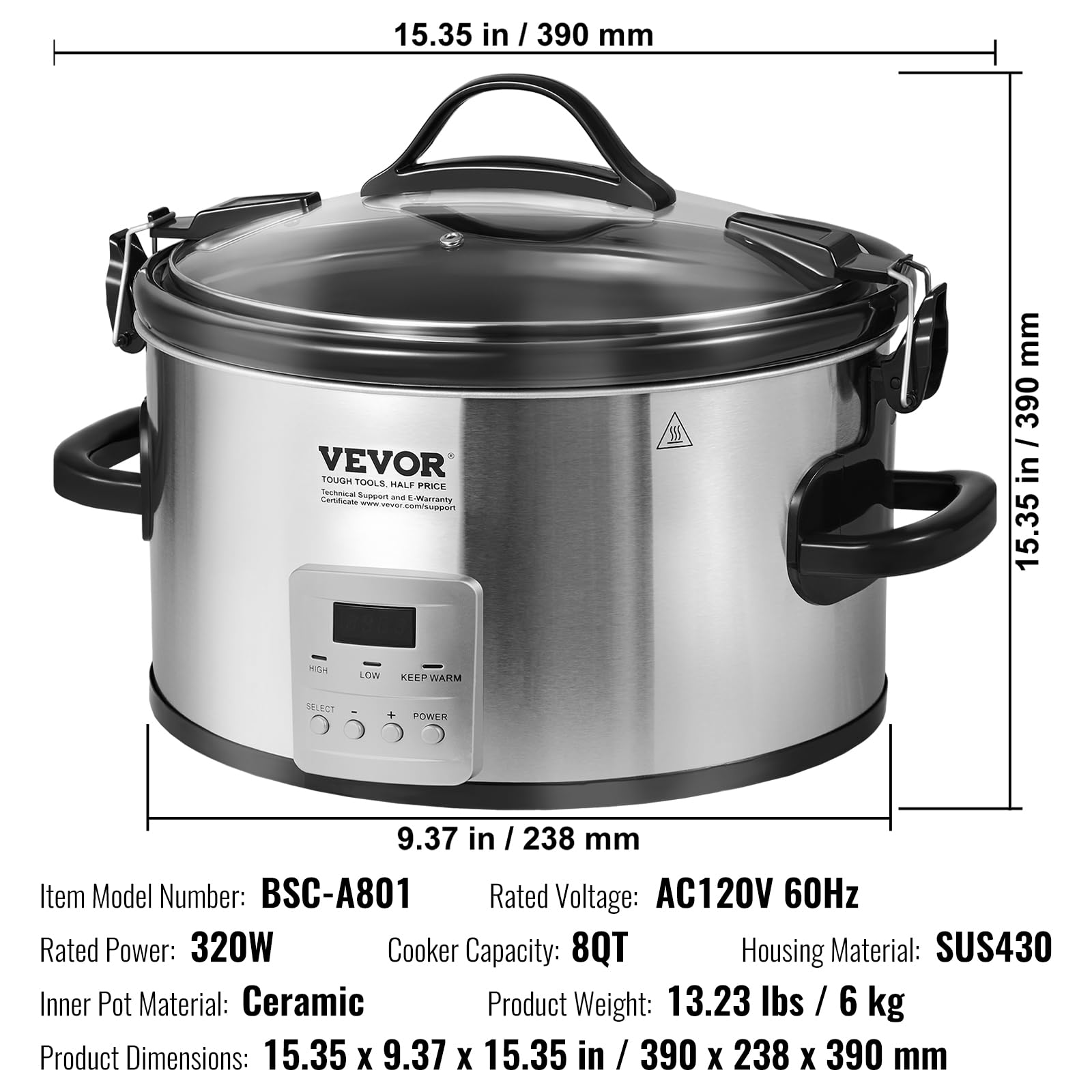 VEVOR Slow Cooker, 8QT 320W Electric Slow Cooker Pot with 3-Level Heat Settings, Digital Slow Cookers with 20 Hours Max Timer, Locking Lid, Ceramic Inner Pot for Home/Commercial Use