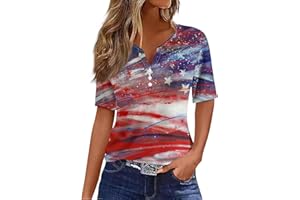 SERYU 4Th of July Shirts Women 2024 Short Sleeve Button V Neck Tops USA Flag Stars Stripes Graphic T-Shirt Blouses Tunics