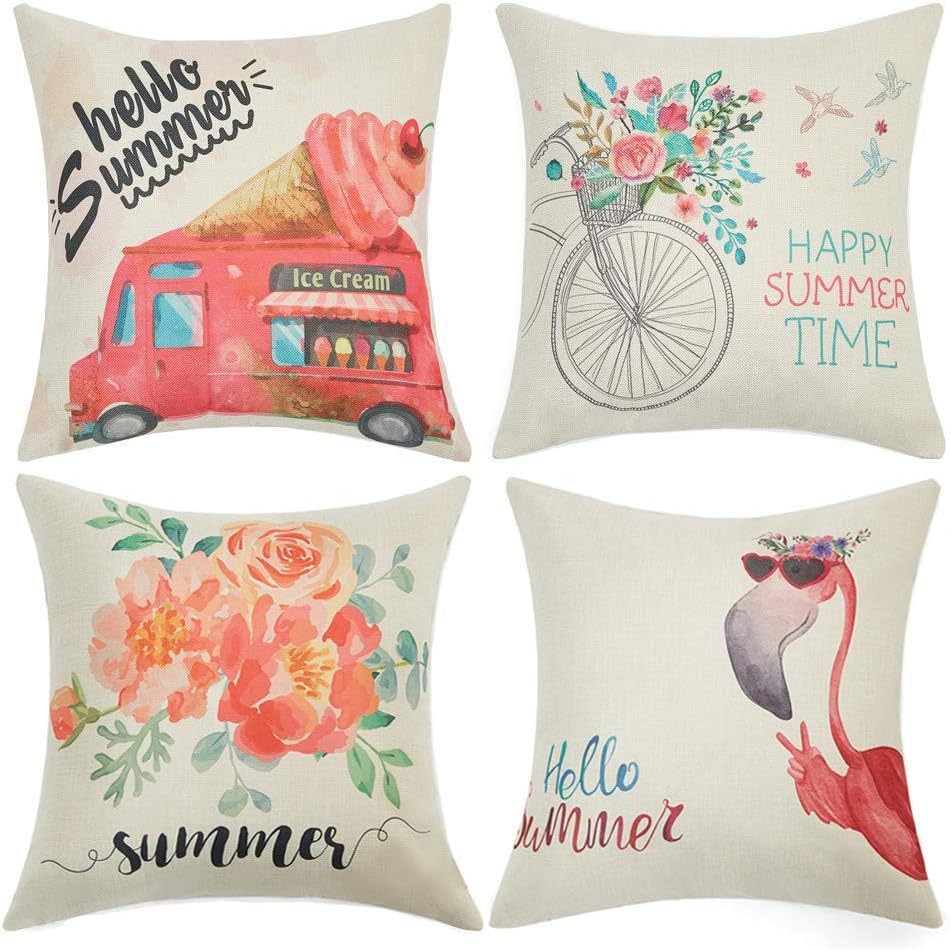 Summer Decorations Set of 4 Decorative Pillow Covers 18 x 18 Inches Hello Summer Pink Ice Cream Truck Flamingo Flower Cotton Linen Pillow Cases for Summer Home Decor