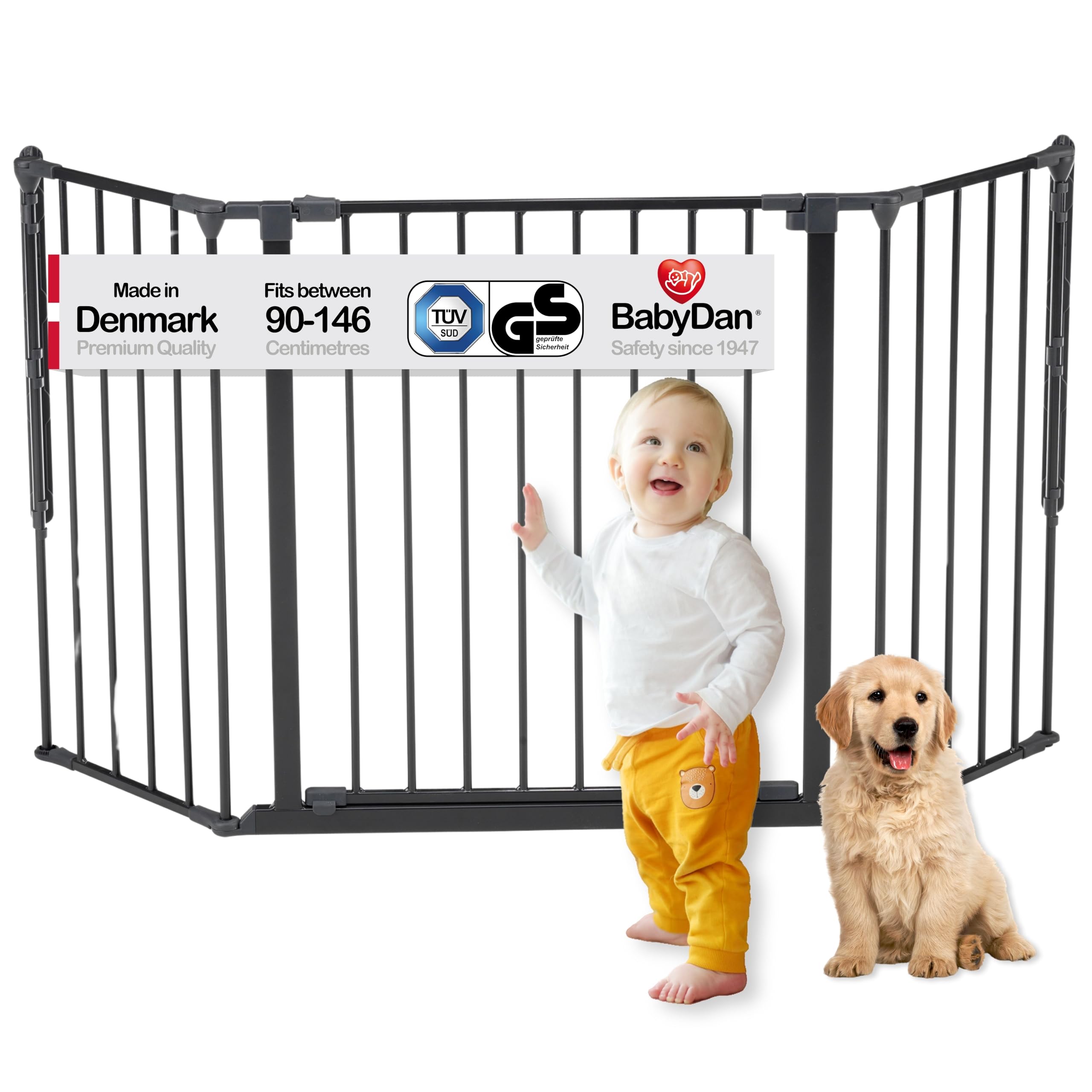 BabyDan Flex M, 90-146 cm, Stair Gate/Room Divider, Black, Made in Denmark - Baby Gate/Safety Gate (Pet Gate/Dog gate/Dog playpen)