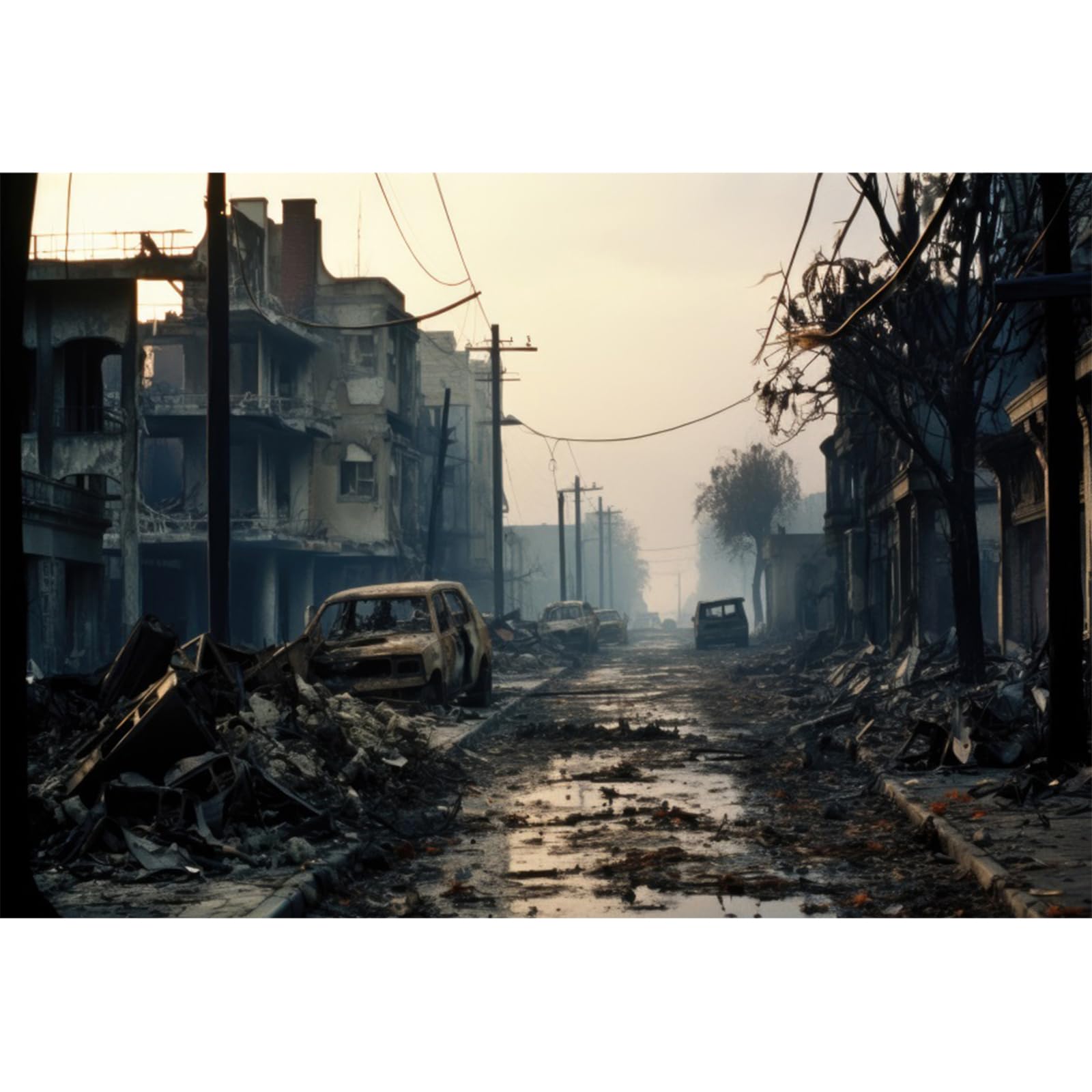 YongFoto 10x8ft Ruined City Backdrop Broken Architecture Burnt-out Vehicles Street Ruined Roads Photography Background for Adults Doomsday Themed Party Prom Artistic Portrait Photo Booth Props