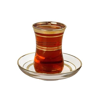Turkish Tea Glasses &amp; Saucers Set - Gold Trim Design (12 Pc)
