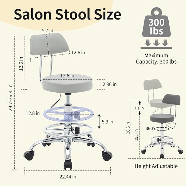 FIRAVOE ROLLING MASSAGE CHAIR, HEIGHT ADJUSTABLE SALON STOOL WITH WHEELS 19.5″-26.6″, GRAY GUITAR STOOL (GRAY)