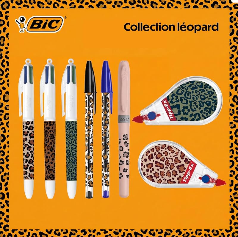 et Tipp-Ex Collection Léopard - Stylos-Bille Pointe Moyenne (1,0 mm), Surligneur Pointe Biseautée, Rubans Correcteurs (6 m x 5 mm) - Motifs Aléatoires, Boîte de 8
