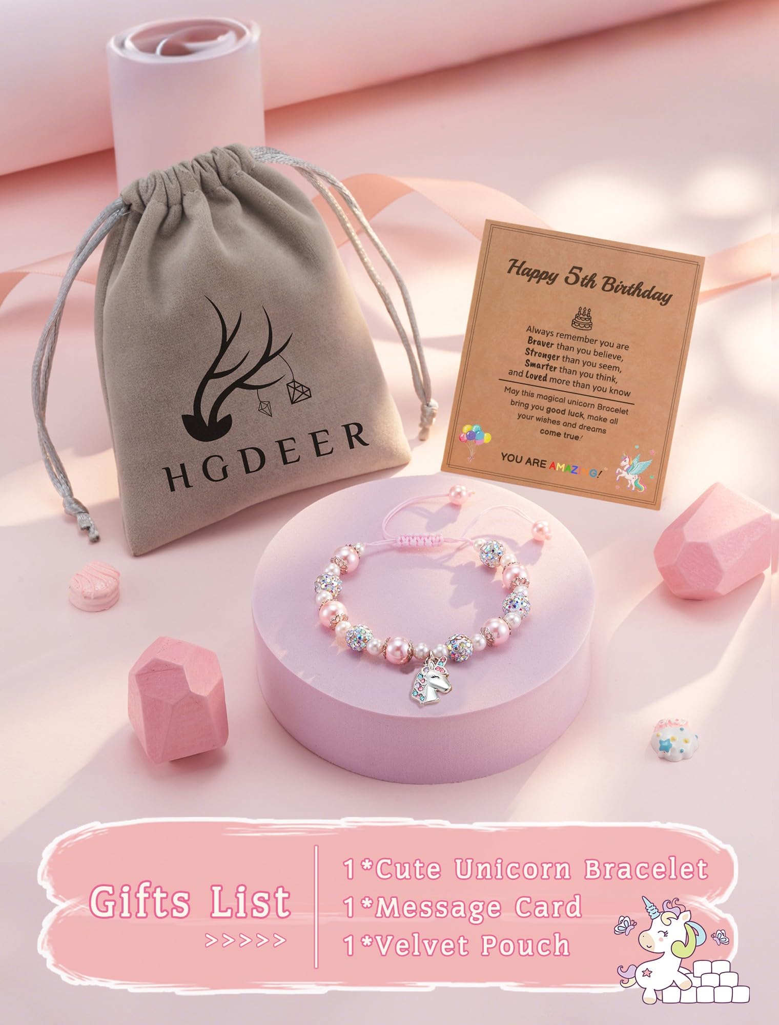 HGDEER Unicorn Birthday Gifts for Girls, Adjustable Pink Pearl Unicorn Charm Bracelet for Girls Daughter Granddaughter Niece