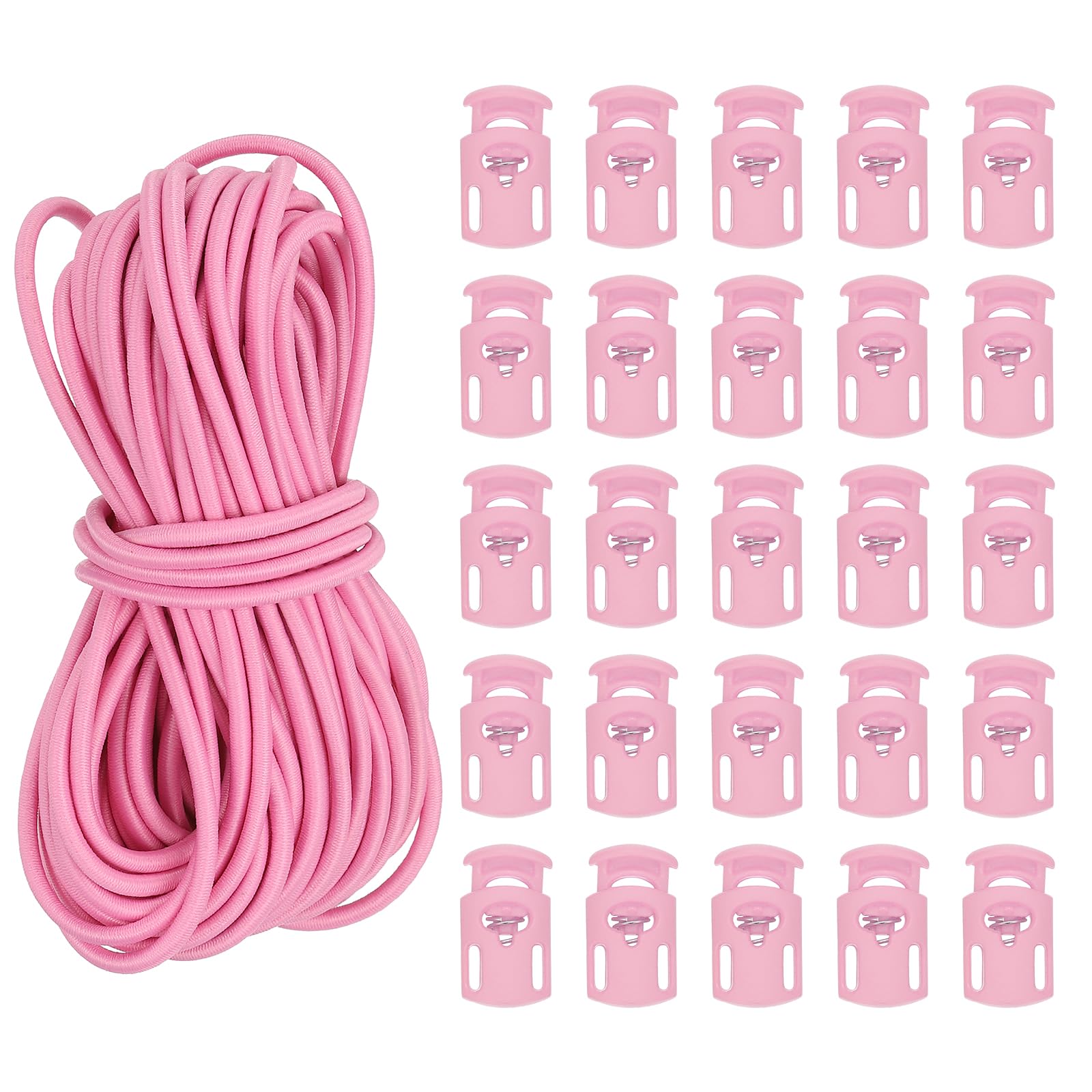 PATIKIL 10 Yard Elastic Bungee Cord & Single Hole Cord Lock, 25 Pack Plastic Oval Spring Toggle Stopper for Paracord Drawstring Shoelace Clothing Backpack Bags, Pink
