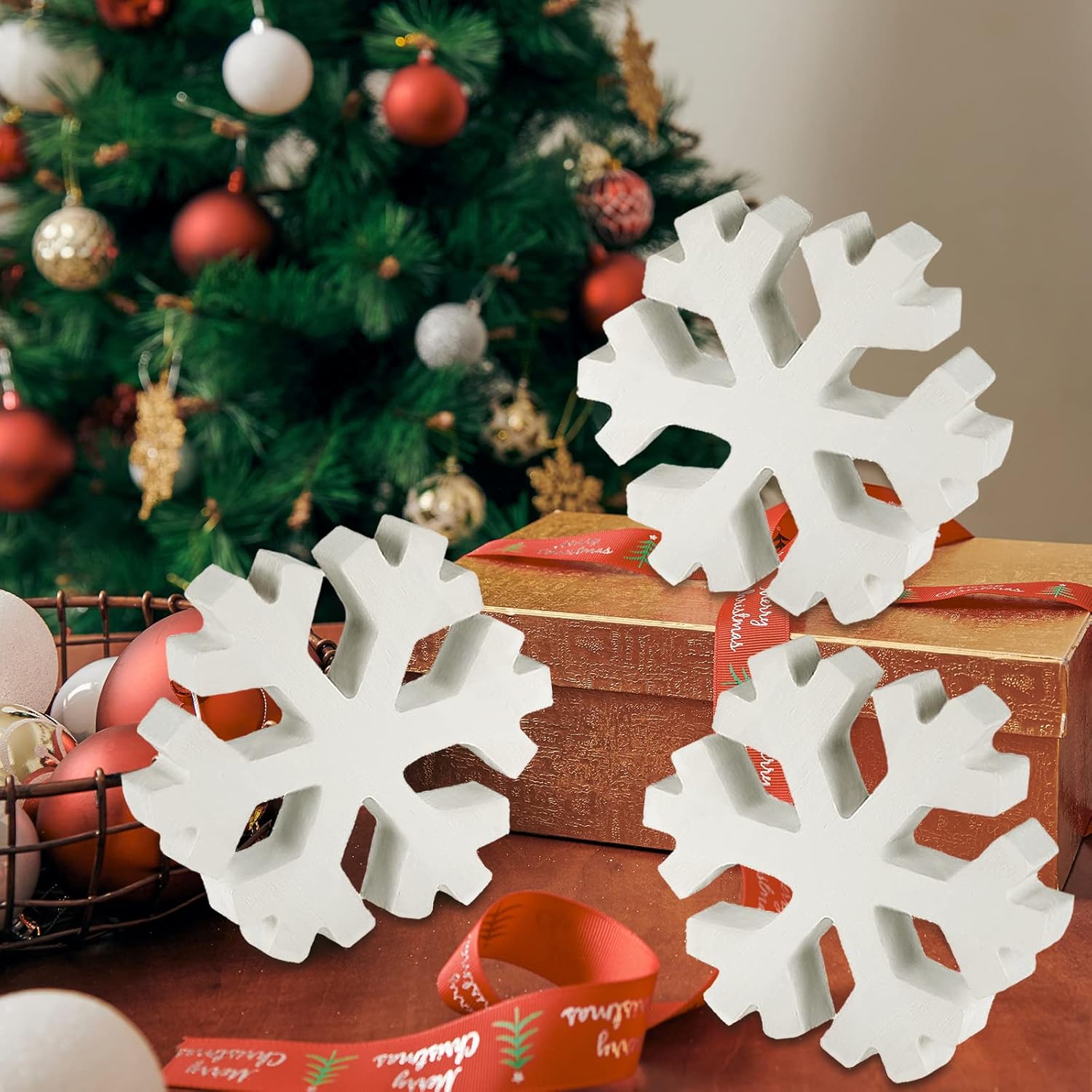 Ornaments - Blulu 3 Piece Winter Snowflake Decorations White Standing Wooden Snowflakes Christmas Snow Flakes Decorating Tabletop Wooden Snowflakes Decor for Home Photo Props (Snowflake)
