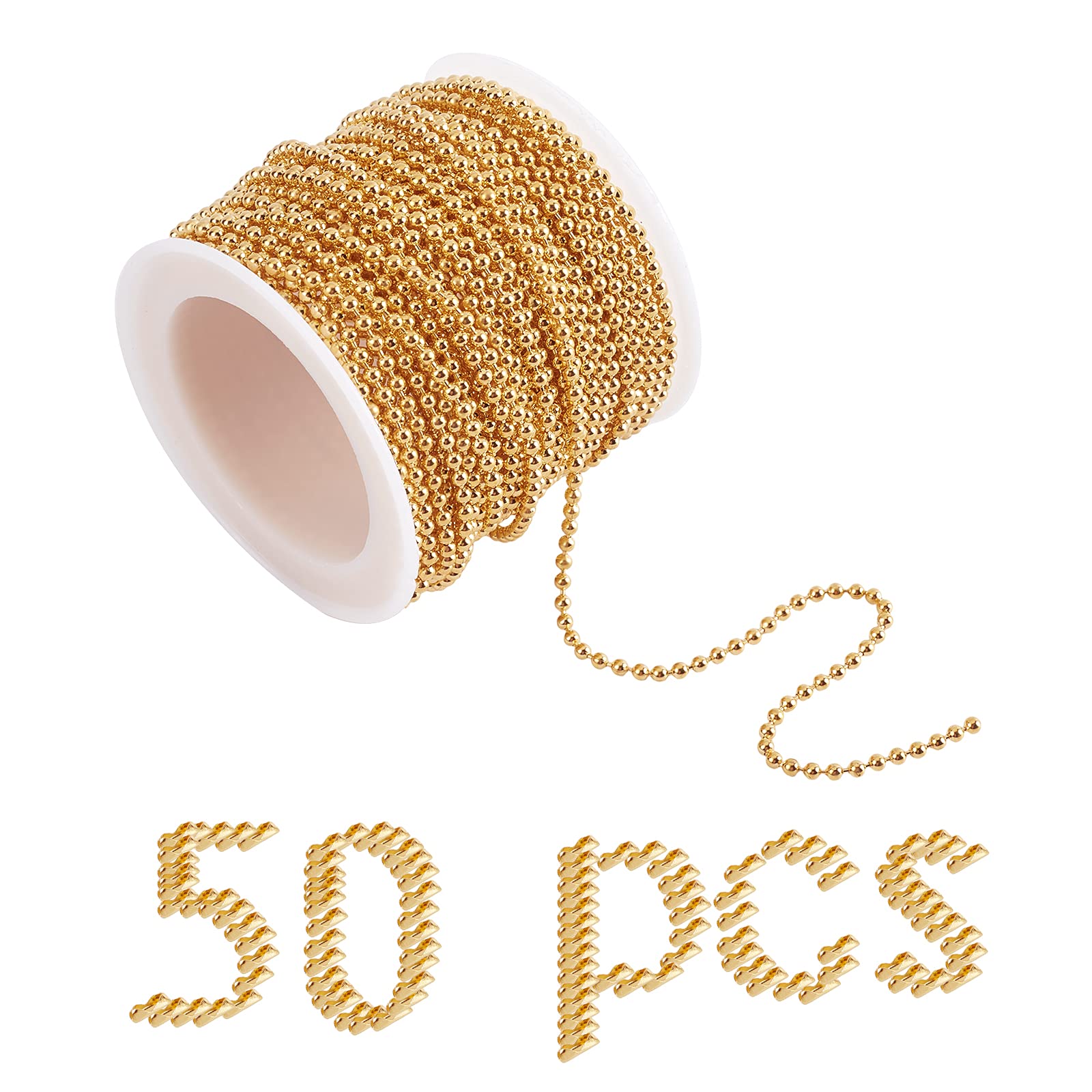 SUNNYCLUE 32Feet/10m Ball Bead Chain Beaded Dog Tag Chain Gold Chains Roll Metal Beaded Pull Chains Extension with 50Pcs Ball Cable Connectors Clasps for Jewellery Making Cables DIY Crafts Supplies