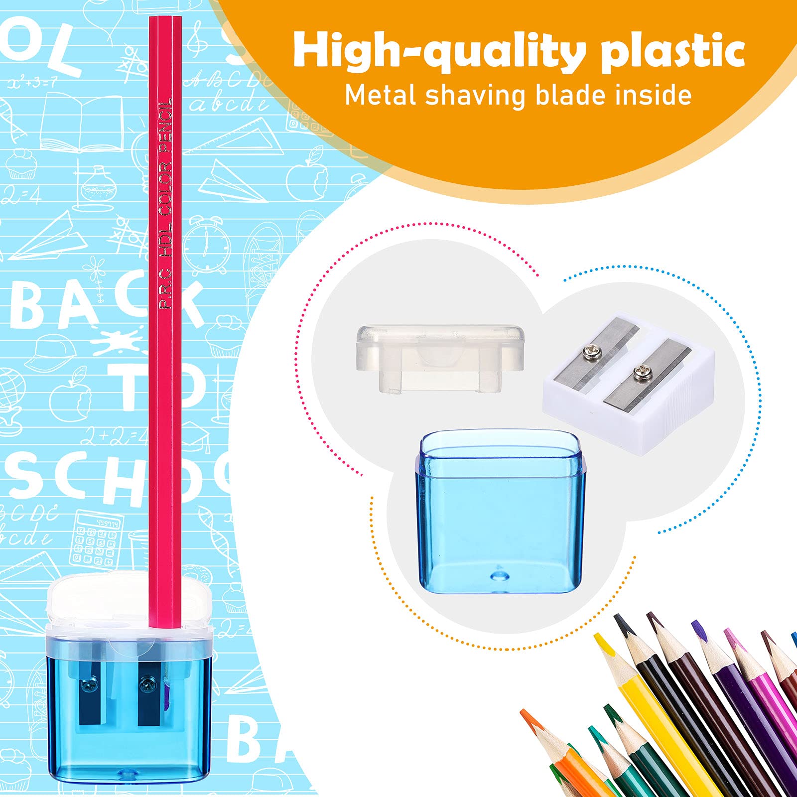 Tenare 48 Pieces Back to School Pencil Sharpeners Manual Double Hole Pencil Sharpener with Lid Hand for Home School Office, Handheld Plastic Crayon Grinder, Pink, Yellow, Green, Blue