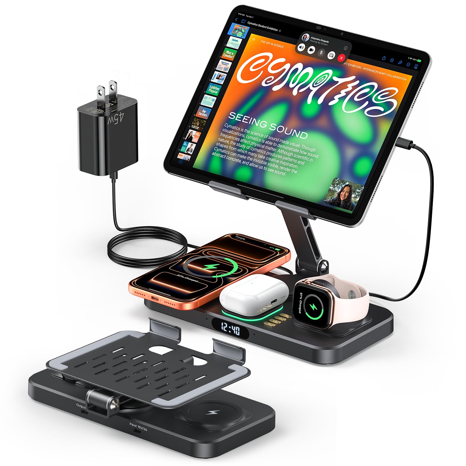 Magnetic Wireless Charging Station with 45W Adapter for Apple Devices, 20W Fast Foldable Wired Charging Stand for iPad with Clock & Night Light, Fast Mag-Safe Charger for iPhone 17, iWatch & AirPods