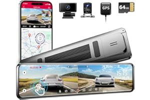 LINGDU LD03 12" Full Touch Screen Mirror Dash Cam with Detached Camera, Front and Rear Dual Cameras, Backup View Mirror Camera, FHD 1080P, Super Night Vision for Car, Includes Free 64GB Card