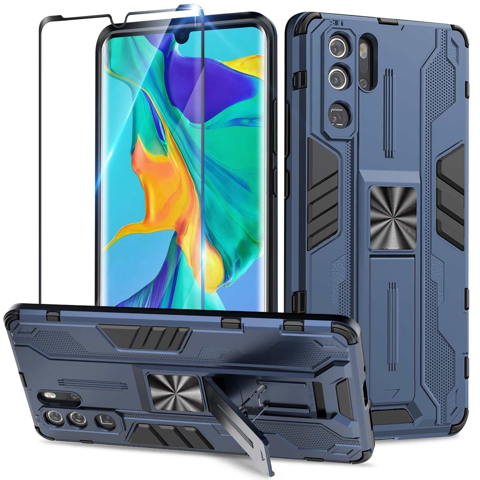 Btstring Case for Huawei p30 pro and Screen Protector Tempered Glass, Heavy Duty Shockproof Tough Armour Case with Stand Protective Personalised Phone Cover - Blue — image 1