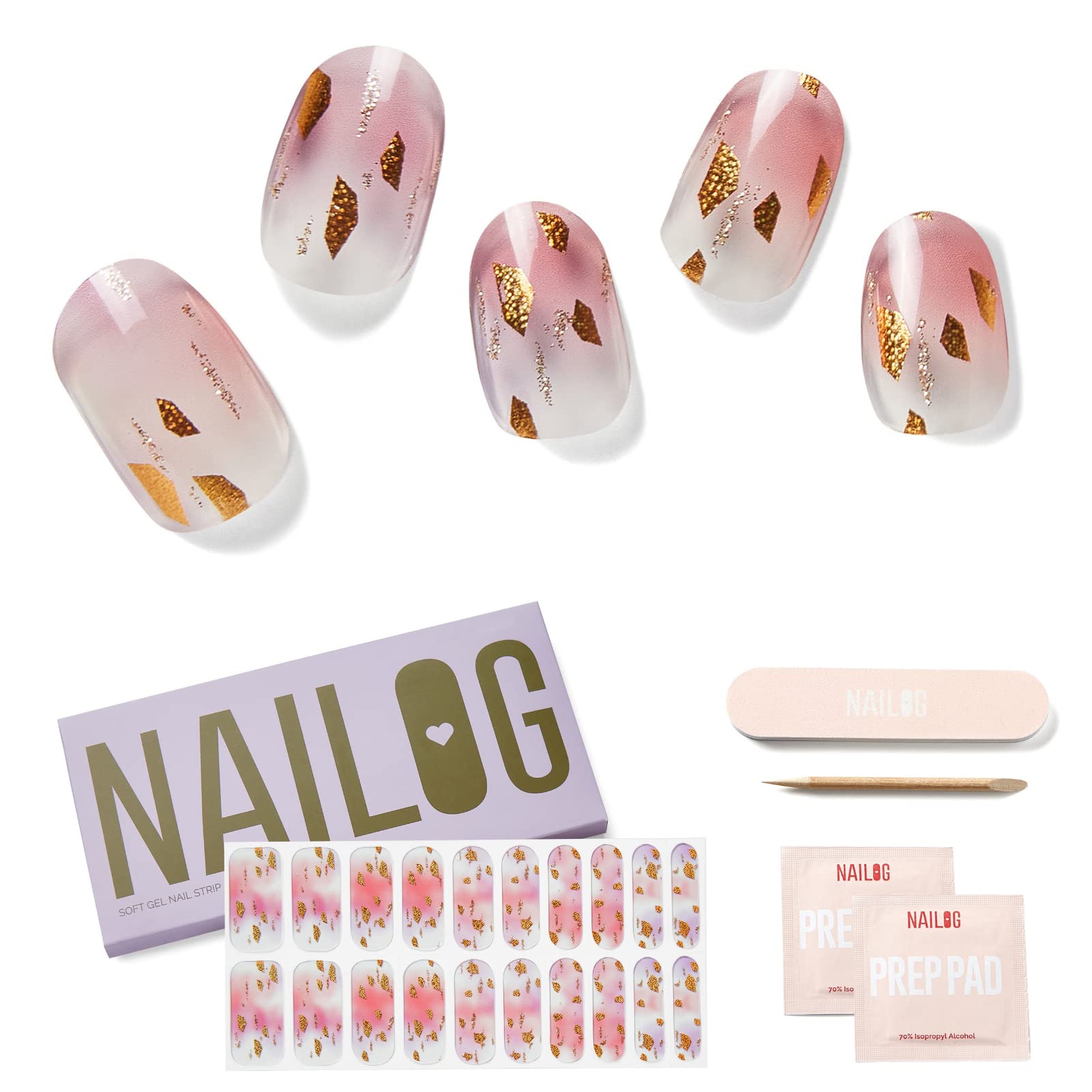 NAILOG Semi Cured Gel Strips (20 Extra Long Stickers), UV/Led Lamp Glossy & Long Lasting Soft Gel Finish Wrap, Rose Land