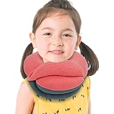 BUYUE Kids Travel Pillows for Airplane, Memory Foam 360&deg; Head Support Sleeping Essentials for Girls Long Flight, Skin-Friendly Soft Neck Pillow for Traveling in Car Seat, (Small, Pink Grey, 40-90 lbs)