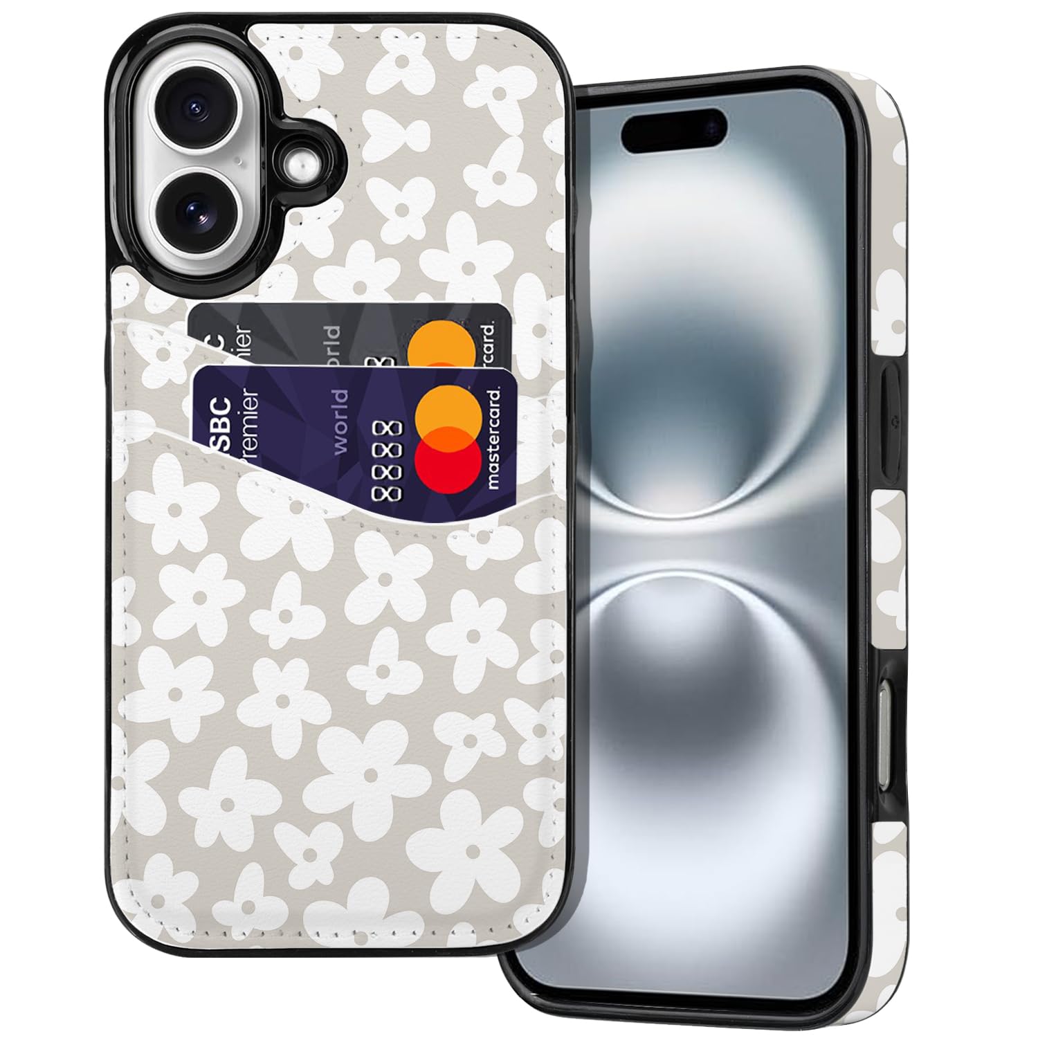 BayPastel X for iPhone 17 Wallet Case Card Holder Slot Slim Cute Design Soft Leather Protective Phone Case with 2 Credit Card Pockets Cover for 6.3 inch for Women Girls,Natural Flowers