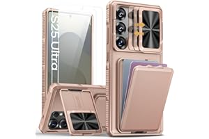 SSLOTSCASE for Samsung Galaxy S25 Ultra Case with 2X Screen Protector, Sliding Lens Cover & Kickstand & Credit Card Holder, Military-Grade Protection Rugged Phone Cover for S25 Ultra, Rose Gold