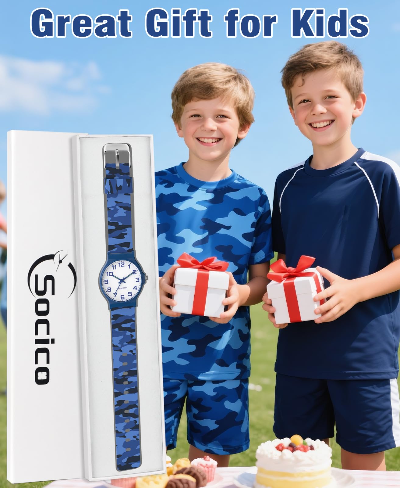 SOCICO Kids Analog Watch for Boys Girls Camouflage Sport Watches, 30M Waterproof, Rubber Band, Easy to Read for Child Teens Ages 5-15 Perfect for Gifts