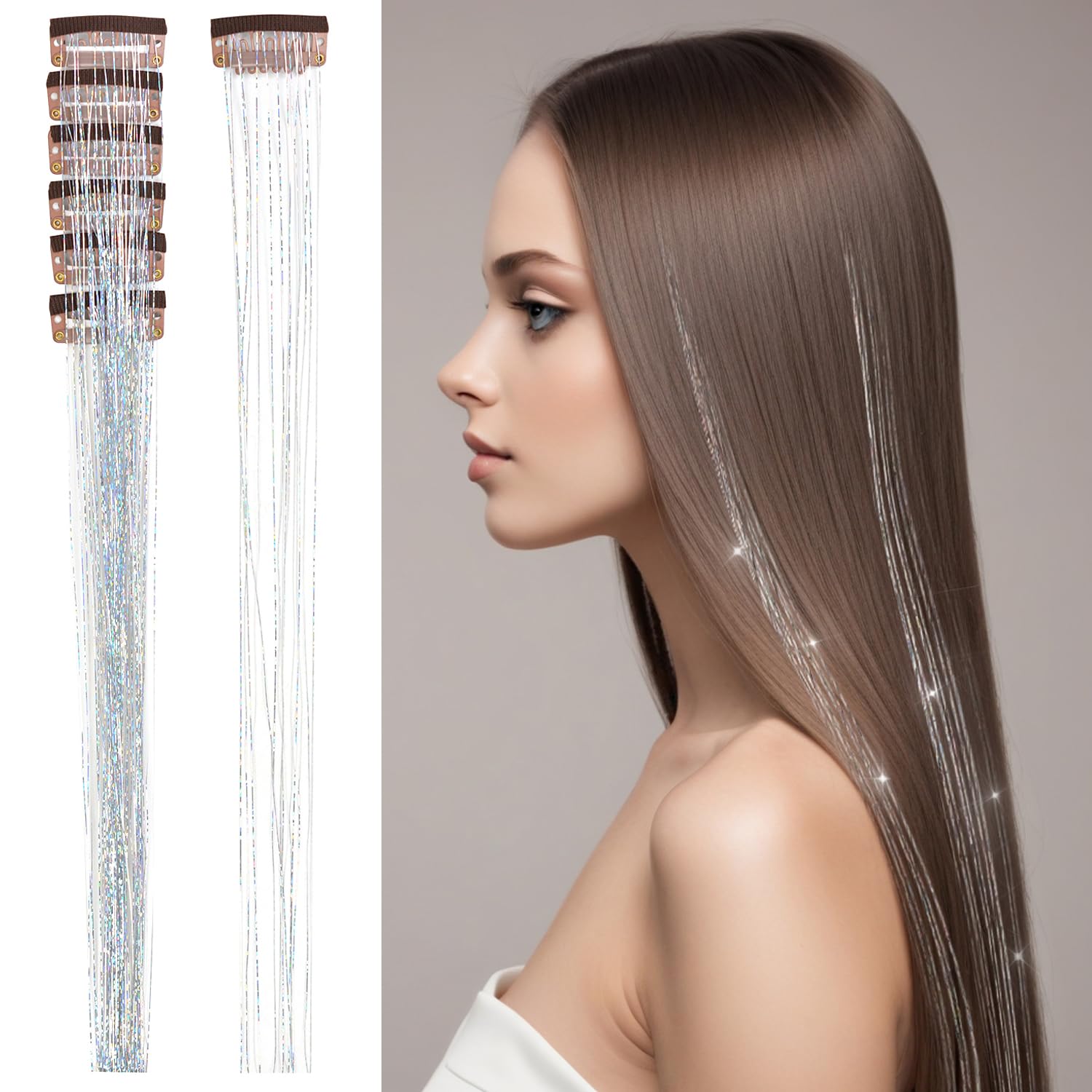 6 Pcs Clip in Hair Tinsel Kit 20.5 Inches Heat Resistant Glitter Tinsel Hair Extensions Fairy Hair Tinsel for Women Hair Styling Party Gift (Silver) — image 1