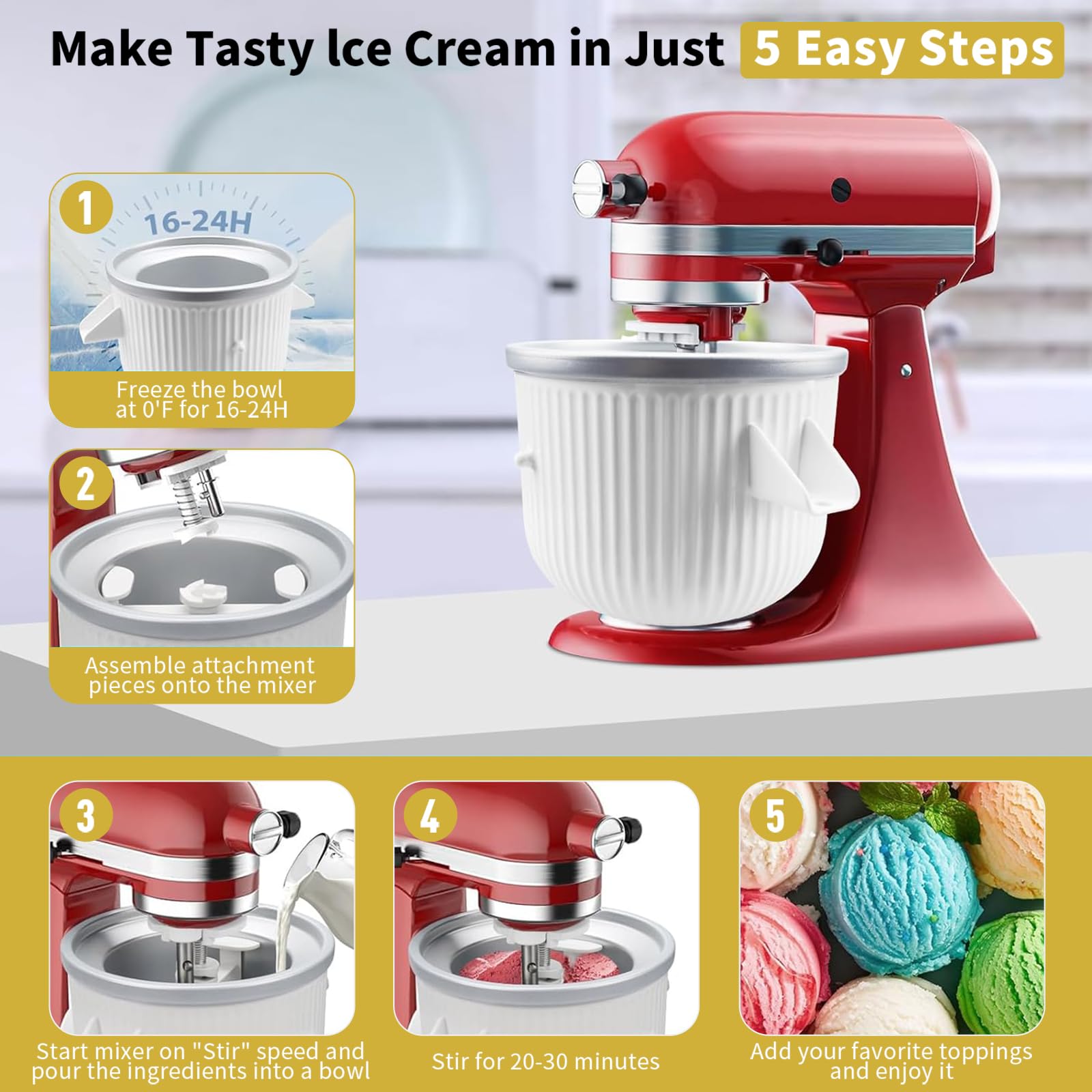 Ice Cream Maker Attachment for Kitchenaid,Fits KitchenAid 4.5-5QT/5.5-6 Quart Stand Mixers Accessories and Attachments,2 Quart Ice Cream Makers of Frozen Yogurt and Sorbet by KOYOEY