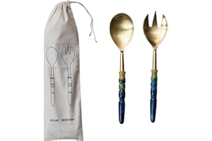 Creative Co-Op 2-Piece Stainless Steel Salad Servers, Gold Finish, 11.25" L, Blue/Tan
