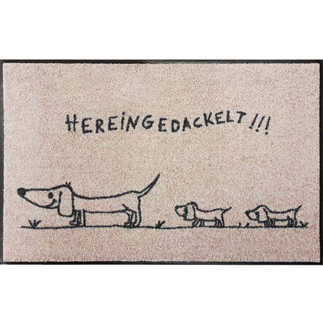 Salonloewe Washable Doormat 50&nbsp;x 75&nbsp;cm with "Hereingedackelt" Wording Beige/Charcoal with Dachshund Motif Doormat Shoe Cleaner Doormat Door Mat