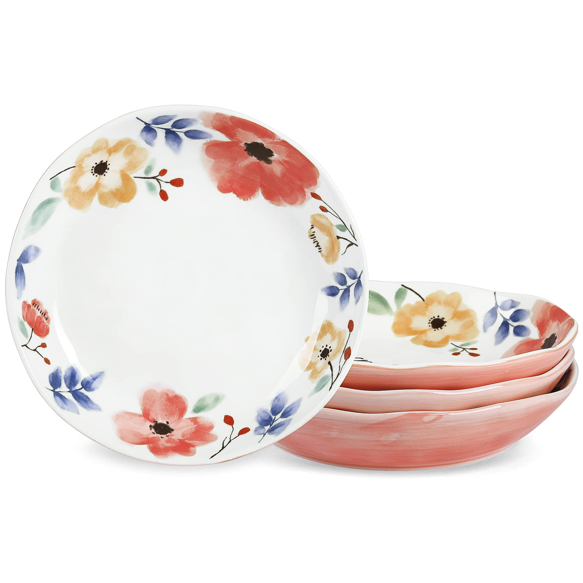 fanquare Porcelain Pink Floral Salad Plates Set of 4, Large Pasta Salad Bowls, Ceramic Serving Bowls Set, Microwave Safe