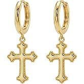 MEVECCO Tiny Cross Hoop Earrings 14K Gold Plated Dainty Minimalist Simple Faith Cross Dangle Huggie Earrings For Women Jewelry Gift