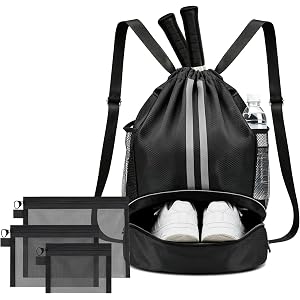 Drawstring Backpack with Shoe Compartment & 3 Mesh Pouches – Lightweight Waterproof Gym Bag Sports Cinch Workout Bag for Men