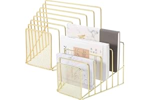Simmer Stone 2 pcs Incline File Sorter, 7 Slot Magazine Holder for Letter, Document, Folder and Book, Metal Desktop Organizer Rack for Home, School and Office (2-gold)