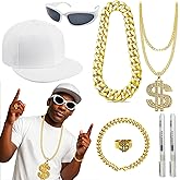 8 Pcs Hip Hop Costume Kit 80s 90s 2000s Rapper Accessories for Rapper, Fake Gold Bracelet Chain Necklace ect, Cosplay Club Old School Themed Party Supplies School Spirit Days Or Themed Celebrations.
