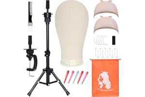 PWEOUKE 23 Inch Wig Stand Tripod with Head Set for Styling Wigs,Canvas Wig Head with Foldable Mannequin Head Tripod for Wigs,Wig Head Stand Tripod with Canvas Block Head for Cosmetology 23 Inch