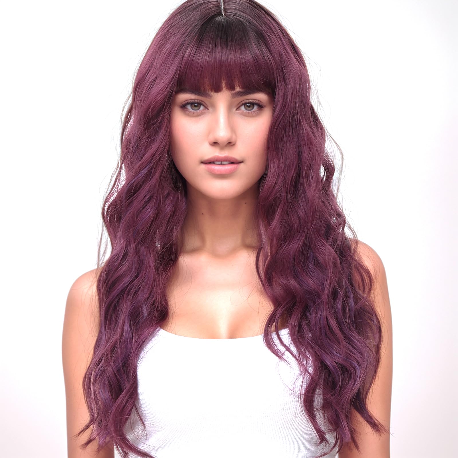 BUYOGET Long Curly Wavy Ombre Purple Wig with Fringe Adjustable 24 Inch Synthetic Cosplay Daily Hair Wigs for Women