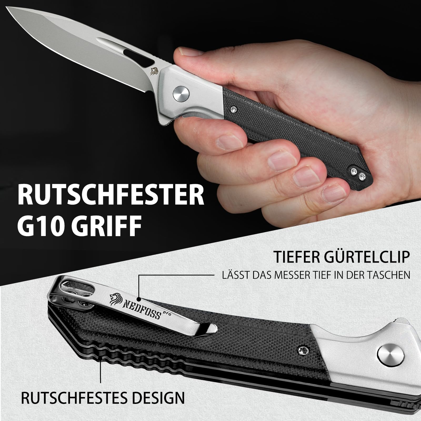 NedFoss ELF Klappmesser, Taschenmesser scharf, EDC Messer mit G10 Griff, Einhandmesser aus D2 Stahl,Outdoor messer mit Gürtelclip, Pocket Knife,Scharfes Survival messer Outdoor für Alltag und Outdoor 3