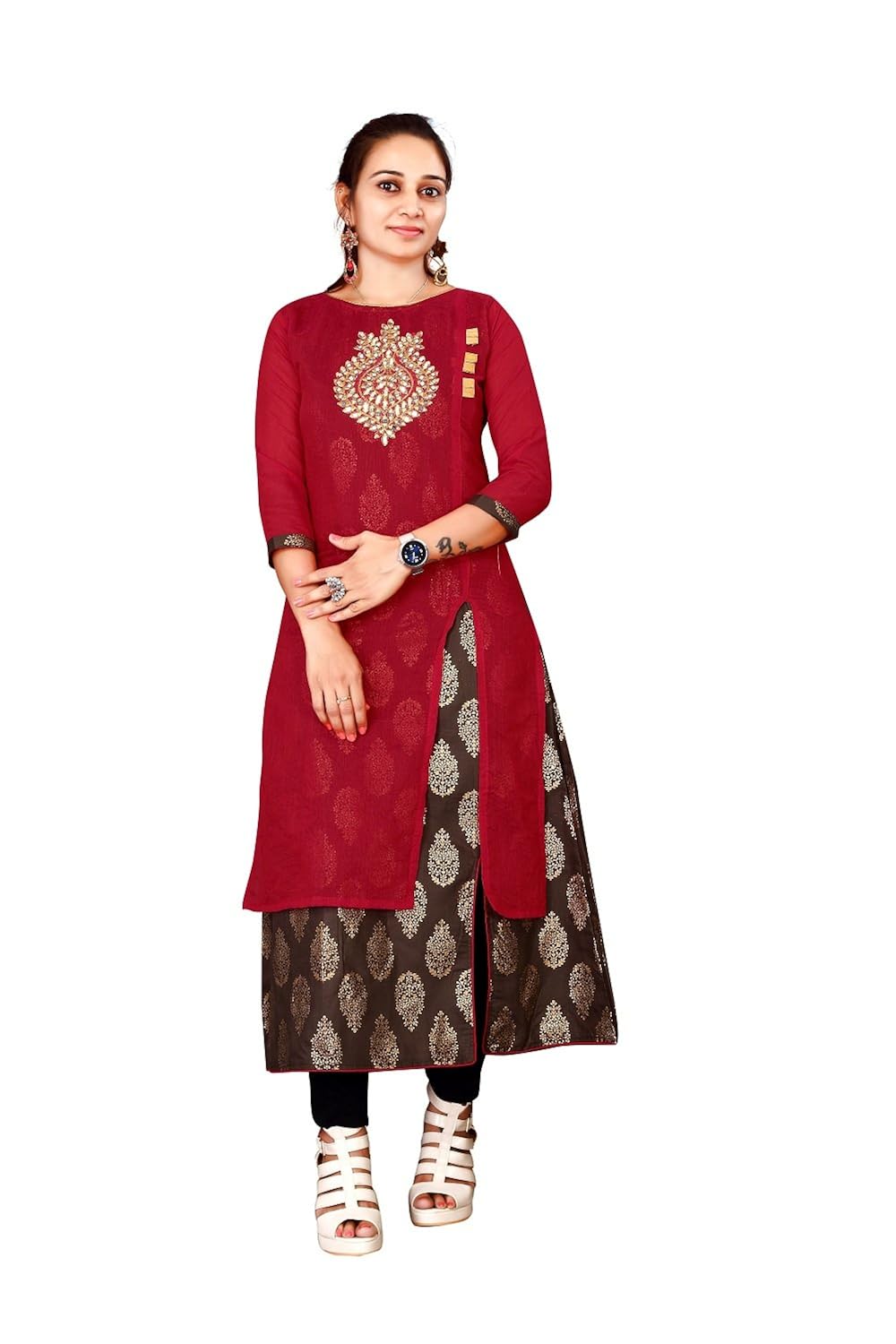 dhruvi trendz women's double layer printed cotton kurti (kurti for women (kv-gfk6-61yu)_red)