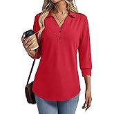 TICTICMISS Women's V Neck Polo Shirts 3/4 Length Sleeve Tops Collared Business Casual Summer Blouses