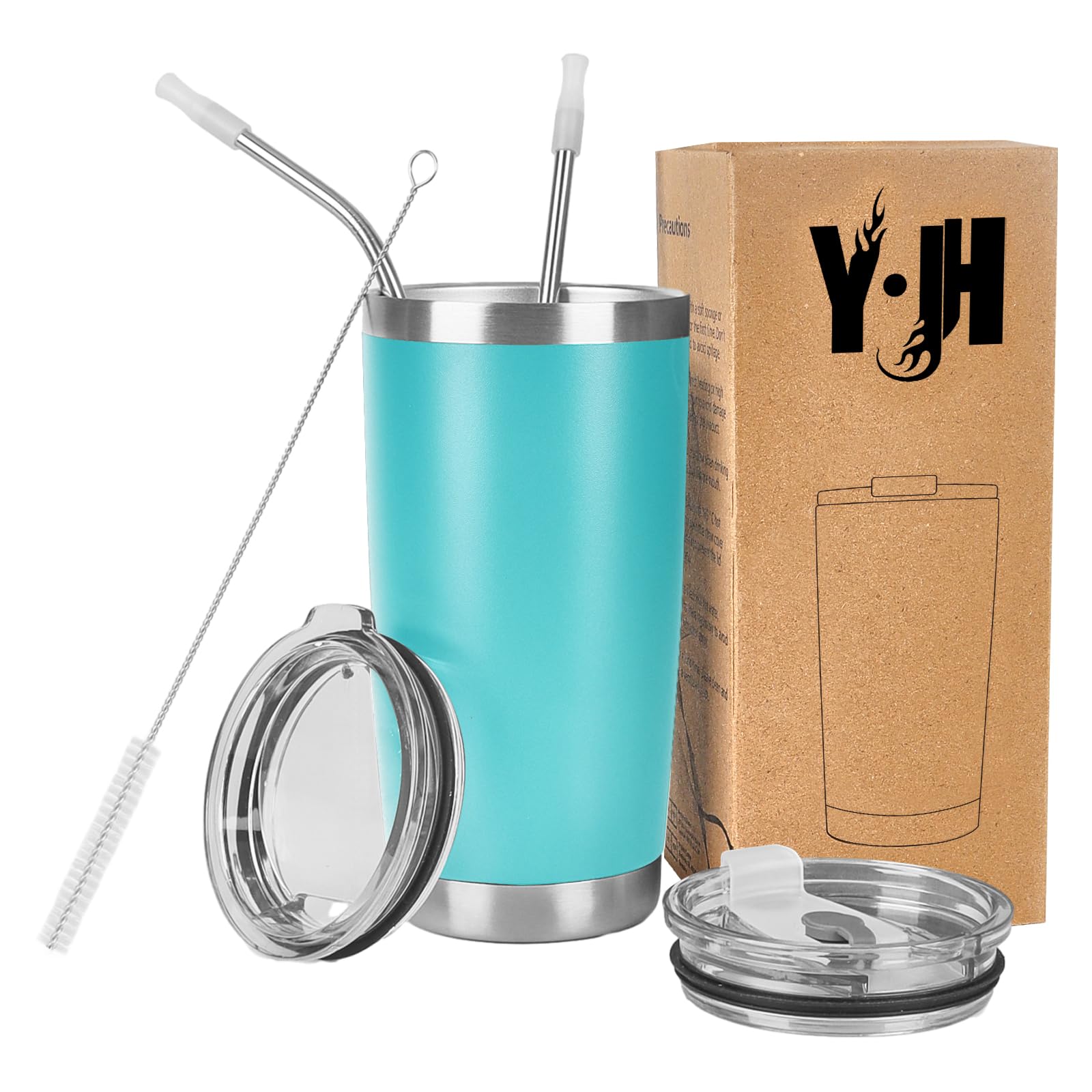 Y·J&H 20oz (550ml) Travel Tumbler Double Wall Vacuum Insulated Coffee Mug Stainless Steel Coffee Cup with 2 Splash Proof Lid, 2 Straws & Free Cleaning Brush, BPA Free - Turquoise
