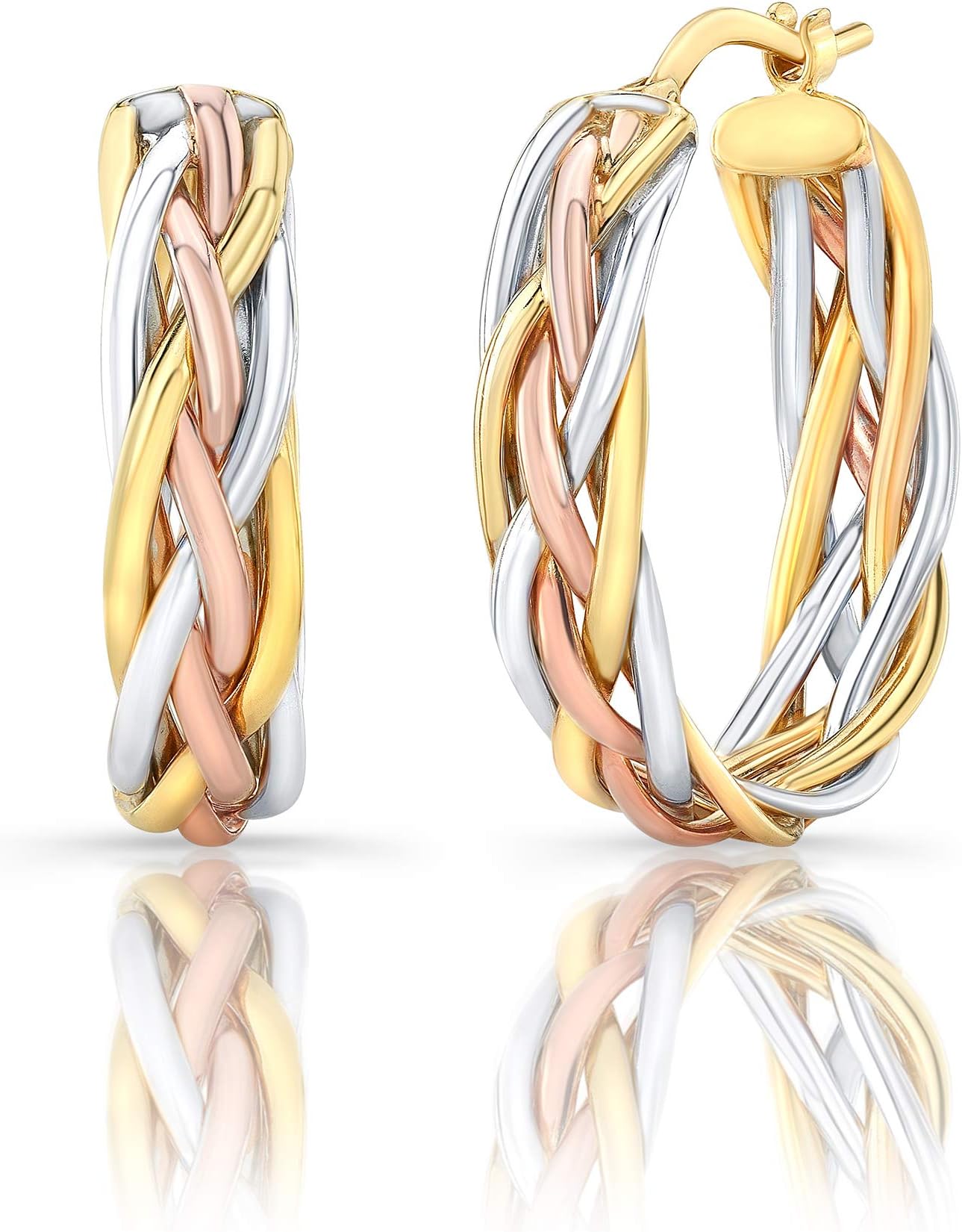 Certified 14K Tri-color Gold 3.50 grams Braided Oval Hoop Earring l Gift Boxed l Made in Italy (14K-E2681/S)